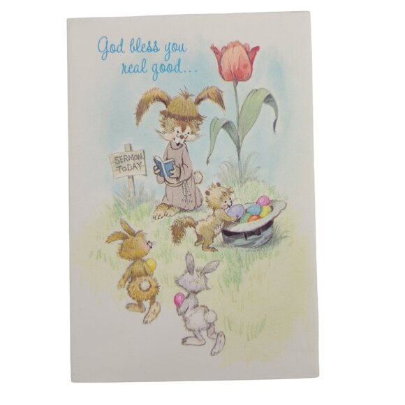 Vintage Easter Card God Bless You Bunny Rabbit Eggs Unused No Envelope 1979 - Picture 1 of 7